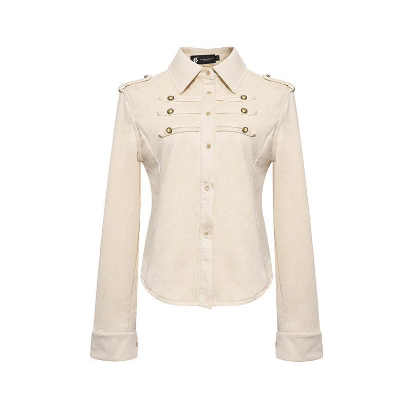 Damen Militärische Velours‑Optik Jacke mit Schulterklappen und Zierriegeln Drune