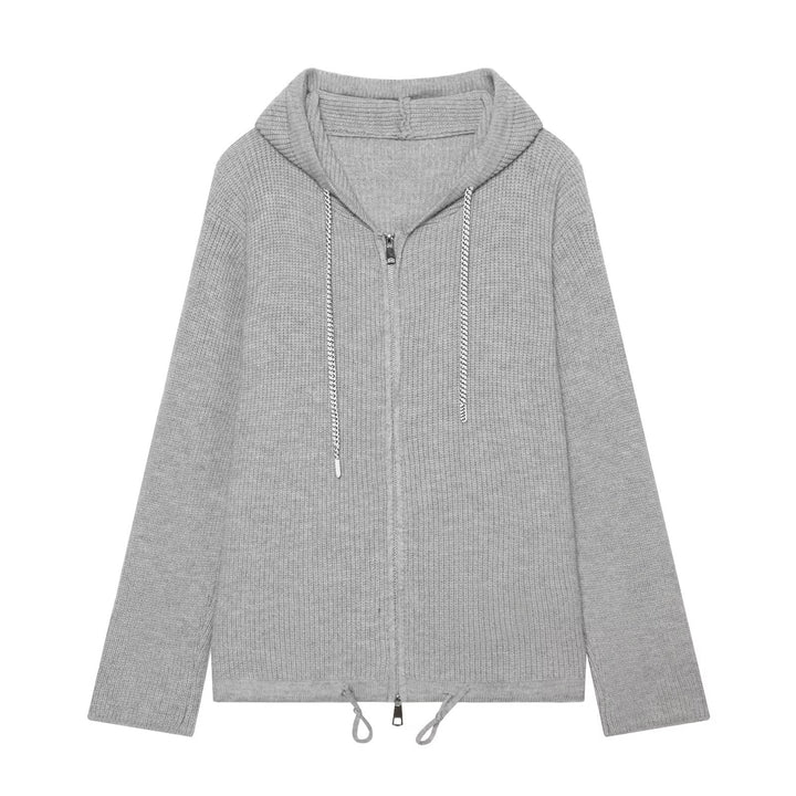Damen Strickkapuzenjacke mit durchgehendem Reißverschluss, Rippenstruktur und Tunnelzug Drune