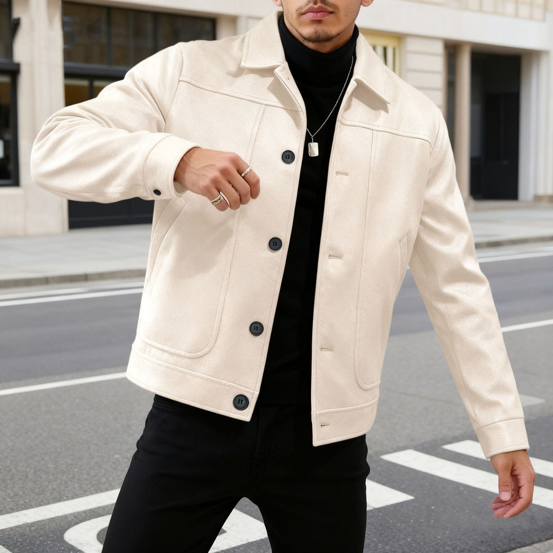 Herren nan moderner Trucker-Overshirt aus Velourslederimitat mit Ziernähten und aufgesetzten Taschen Drune