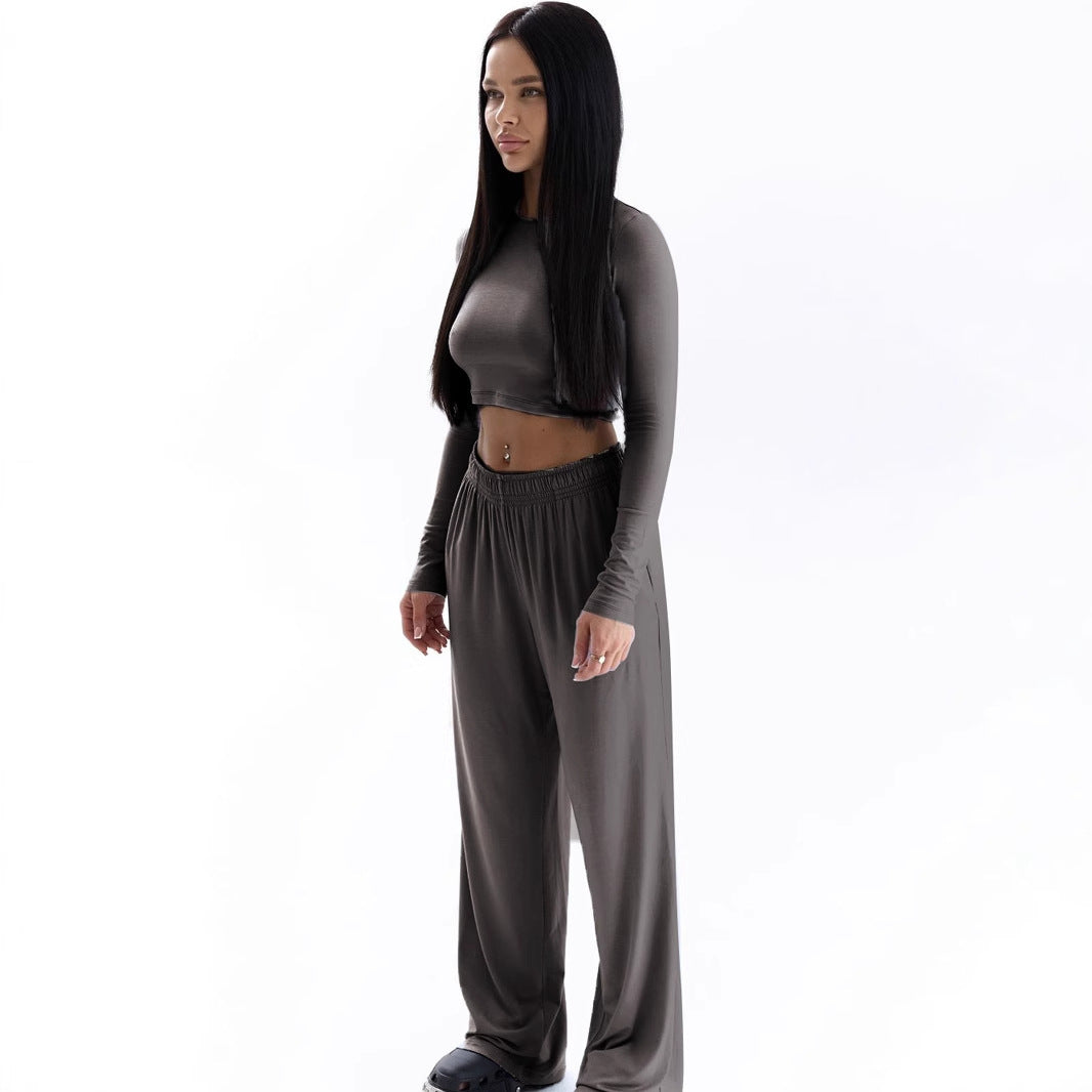 Damen Elegantes Zweiteiliges Set mit cropped Oberteil und weiten Hosen Drune