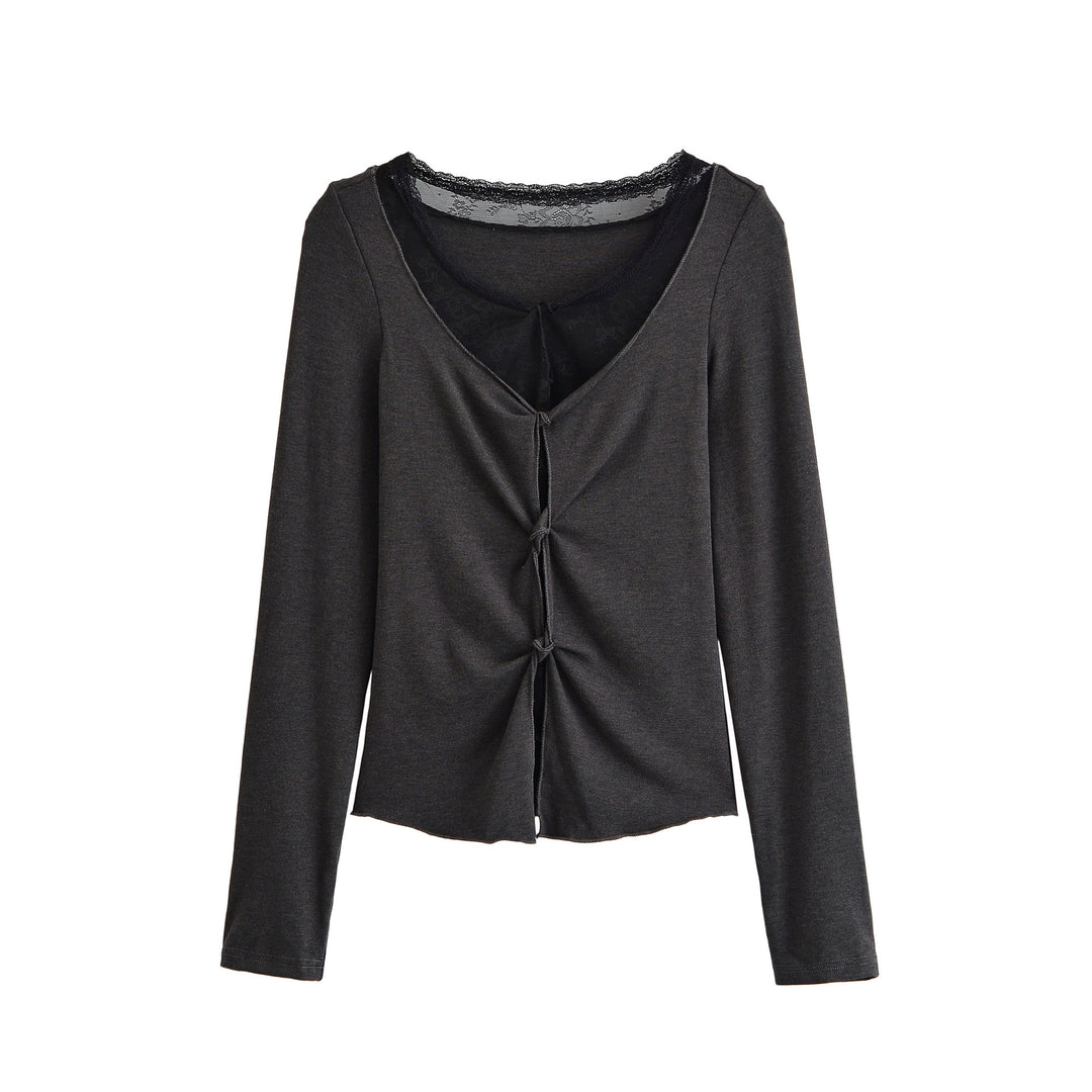 Damen Langarm-Feinjersey-Top mit Spitzen-Einsatz, Knotenfront und Raffung Drune