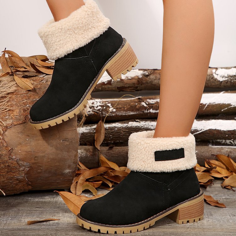 Damen warme Stiefeletten mit flauschigem Schafsfellkragen Drune