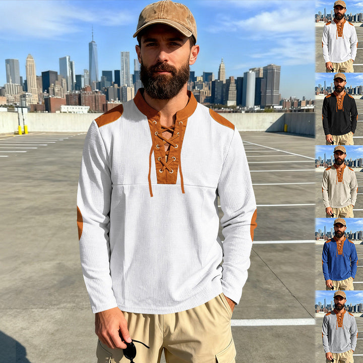Herren Waffelstrick-Langarmshirt mit Schnürung und Kunstvelours-Ellbogenpatches Drune