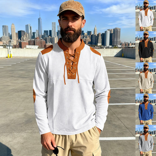 Herren Waffelstrick-Langarmshirt mit Schnürung und Kunstvelours-Ellbogenpatches Drune