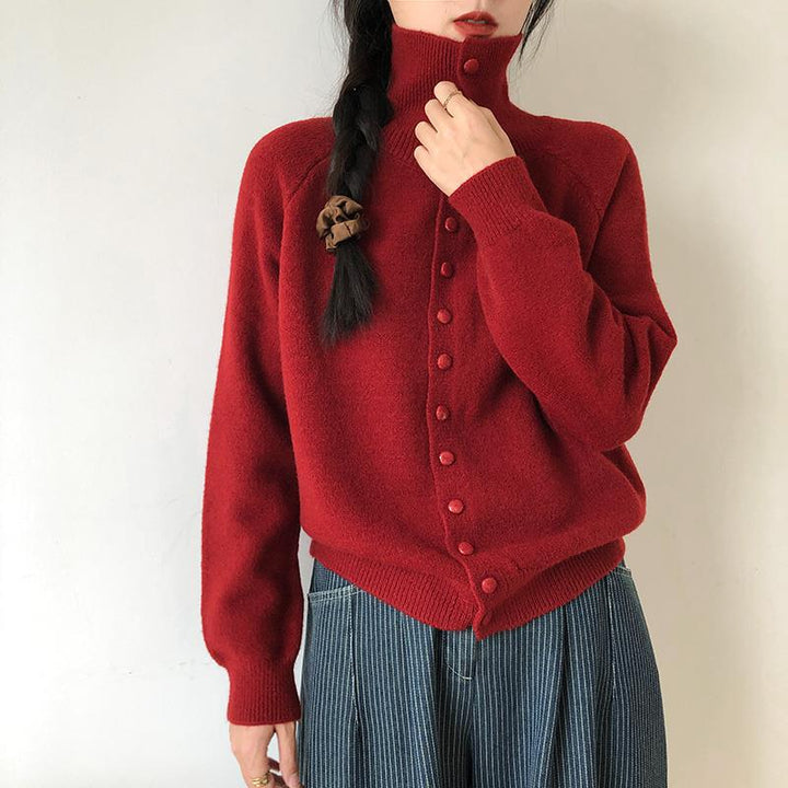 Damen kuschelige Strickjacke mit hochgeschlossenem Kragen und Knopfdetails Drune