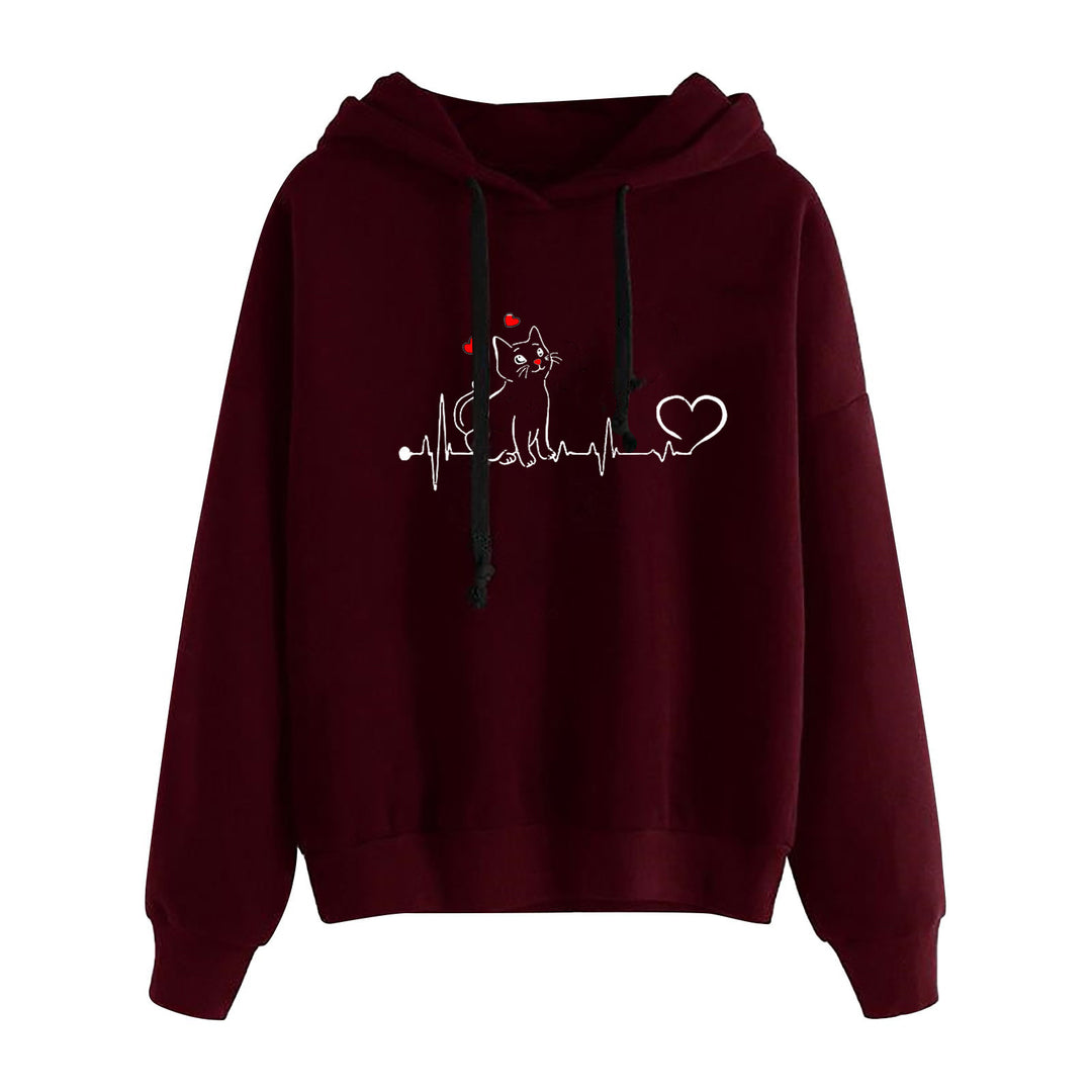 Damen nan leichter Oversize Kapuzenpullover mit Herz‑EKG‑Motiv, langen Kordeln und elastischem Bund Drune