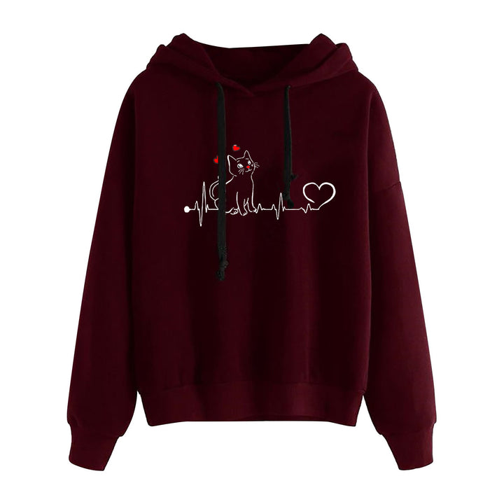Damen nan leichter Oversize Kapuzenpullover mit Herz‑EKG‑Motiv, langen Kordeln und elastischem Bund Drune