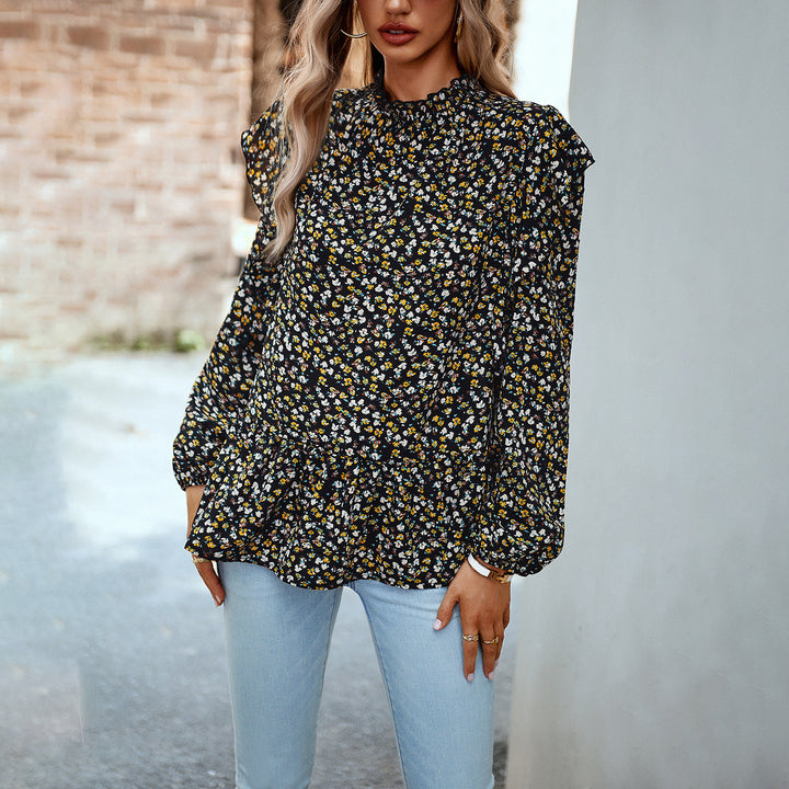 Damen nan geblümte Chiffon-Bluse mit gerafftem Stehkragen, Volant-Schultern und tailliertem Stufen-Saum Drune