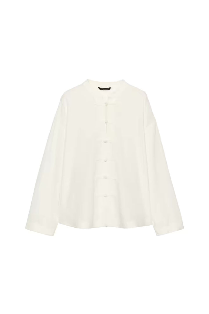 Damen Locker geschnittene Bluse im Mandarin‑Look mit Knotenknöpfen Drune