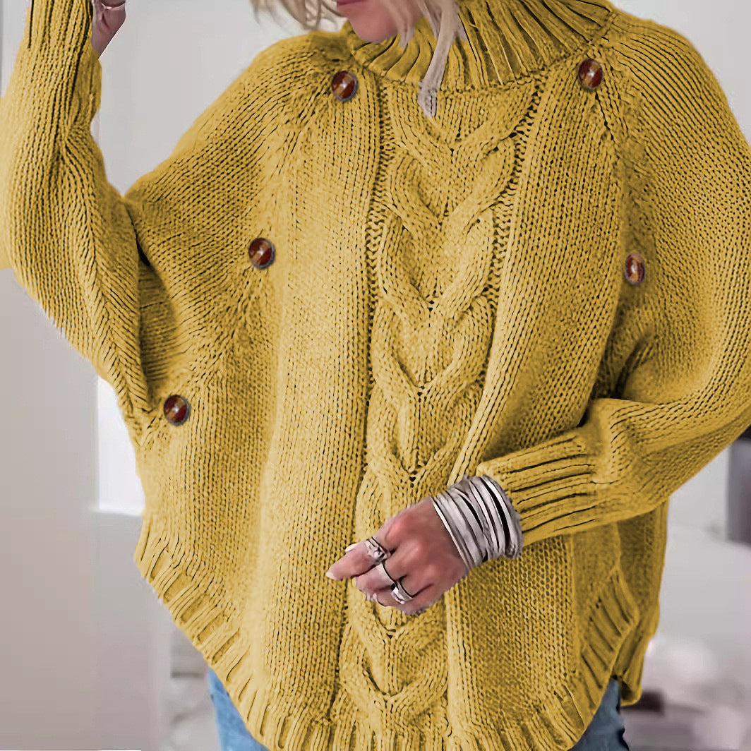 Damen Grober Strickpullover mit hoher Kragenpartie und Knopfdetails Drune