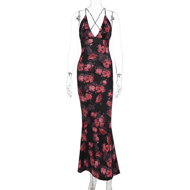 Damen Elegantes Maxikleid mit tiefem V-Ausschnitt und Spaghettiträgern Drune