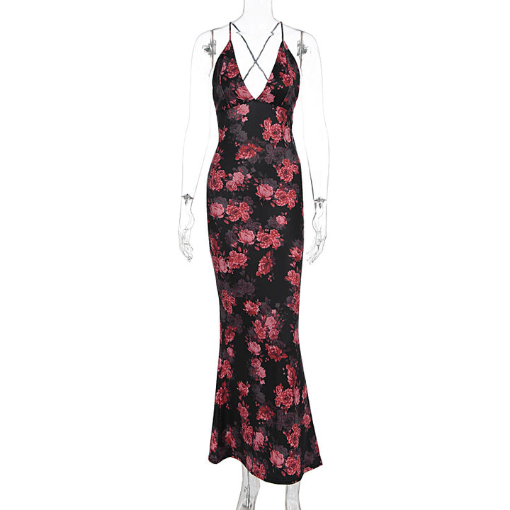 Damen Elegantes Maxikleid mit tiefem V-Ausschnitt und Spaghettiträgern Drune