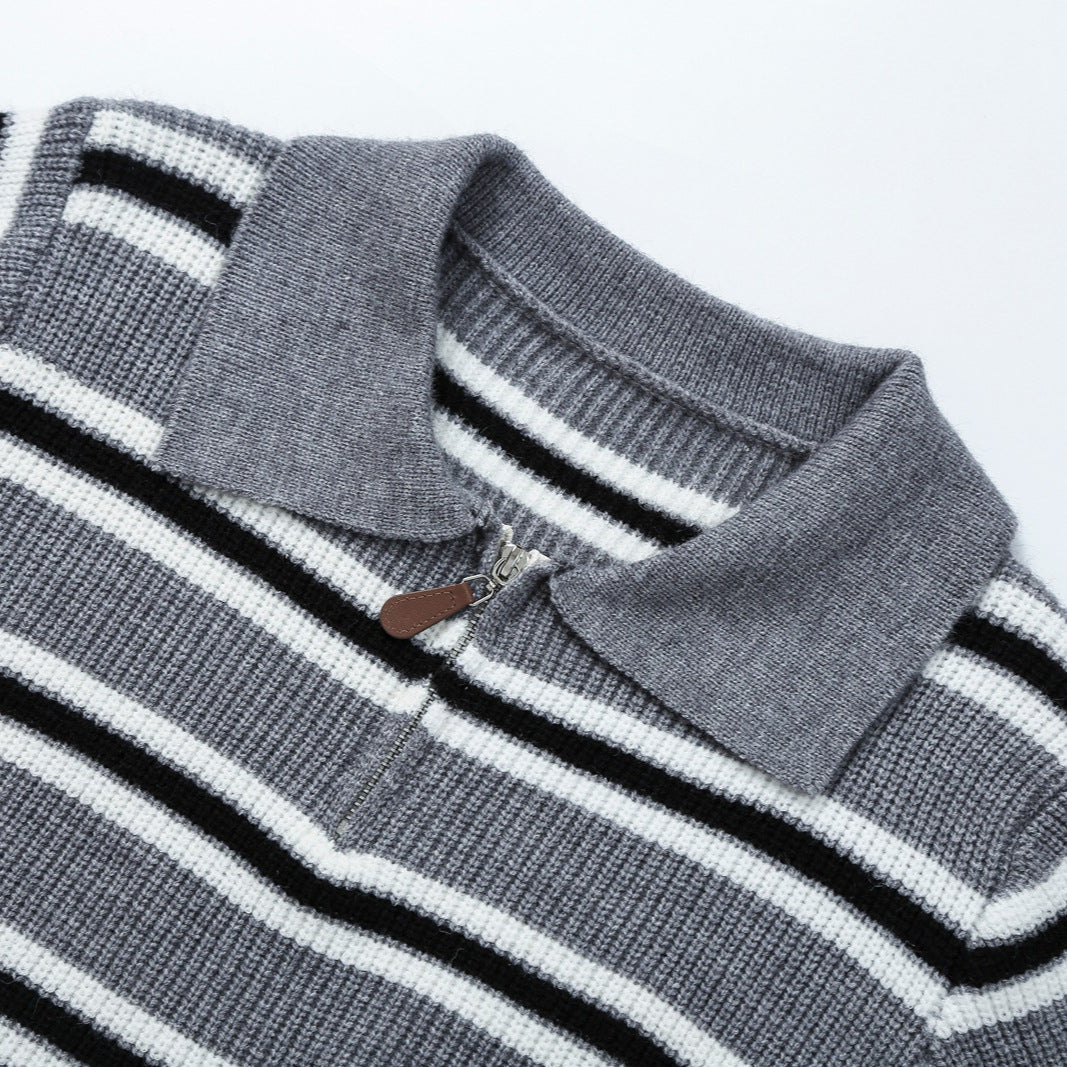 Damen Gestreifter Strickpullover mit Polokragen und Halbreißverschluss Drune