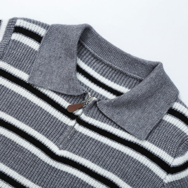 Damen Gestreifter Strickpullover mit Polokragen und Halbreißverschluss Drune