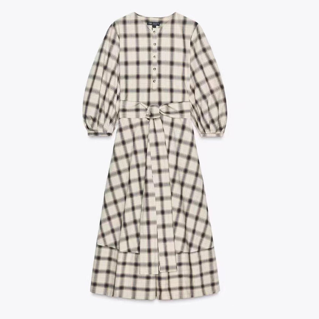 Damen nan kariertes Midikleid mit Ballonärmeln, Taillengürtel und Zierknopfleiste Drune