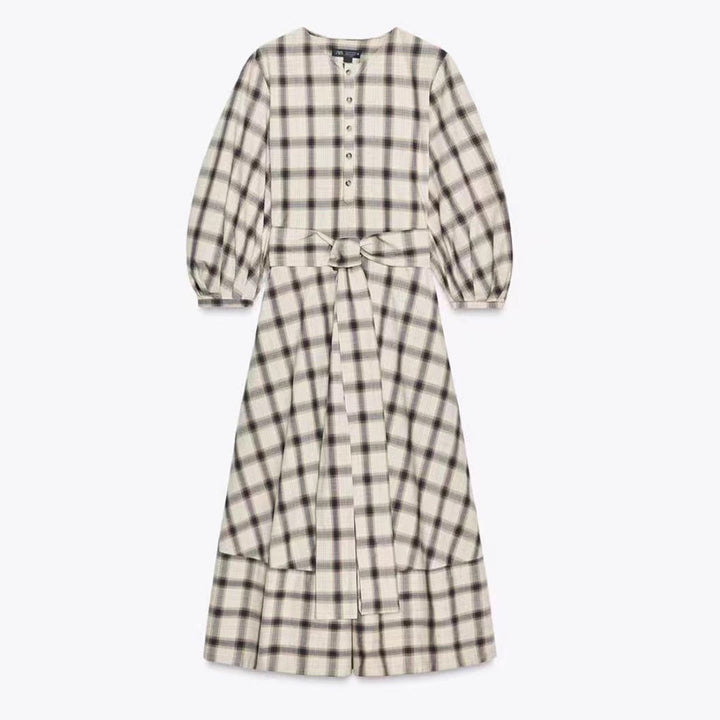 Damen nan kariertes Midikleid mit Ballonärmeln, Taillengürtel und Zierknopfleiste Drune
