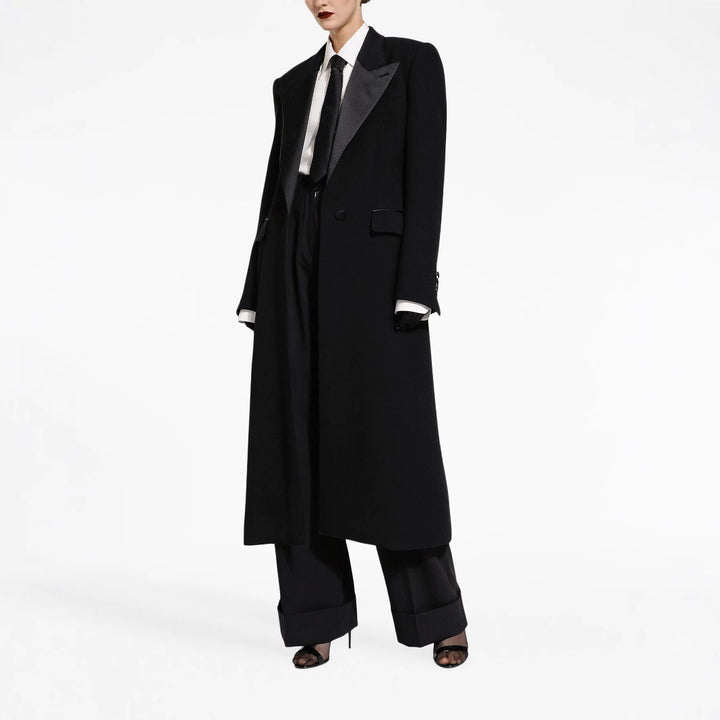 Damen Eleganter Smoking-Hosenanzug mit langem Mantel und weiten Bundfaltenhosen Drune