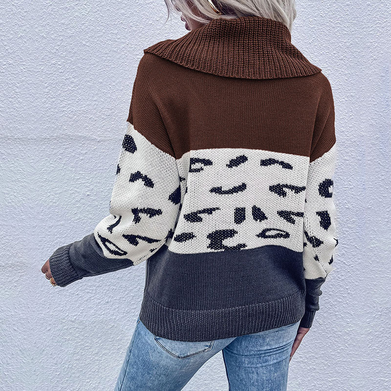 Damen Strickpullover mit weitem Rollkragen, Colorblock und Leopardenmuster Drune