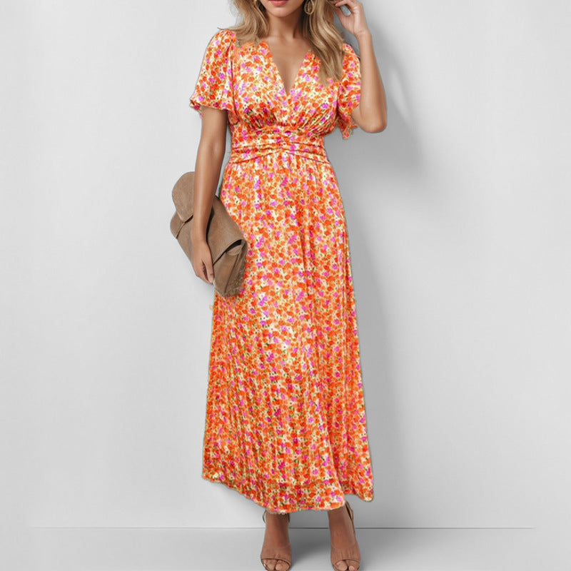 Damen Fließendes Maxikleid mit floralem Design und V-Ausschnitt Drune