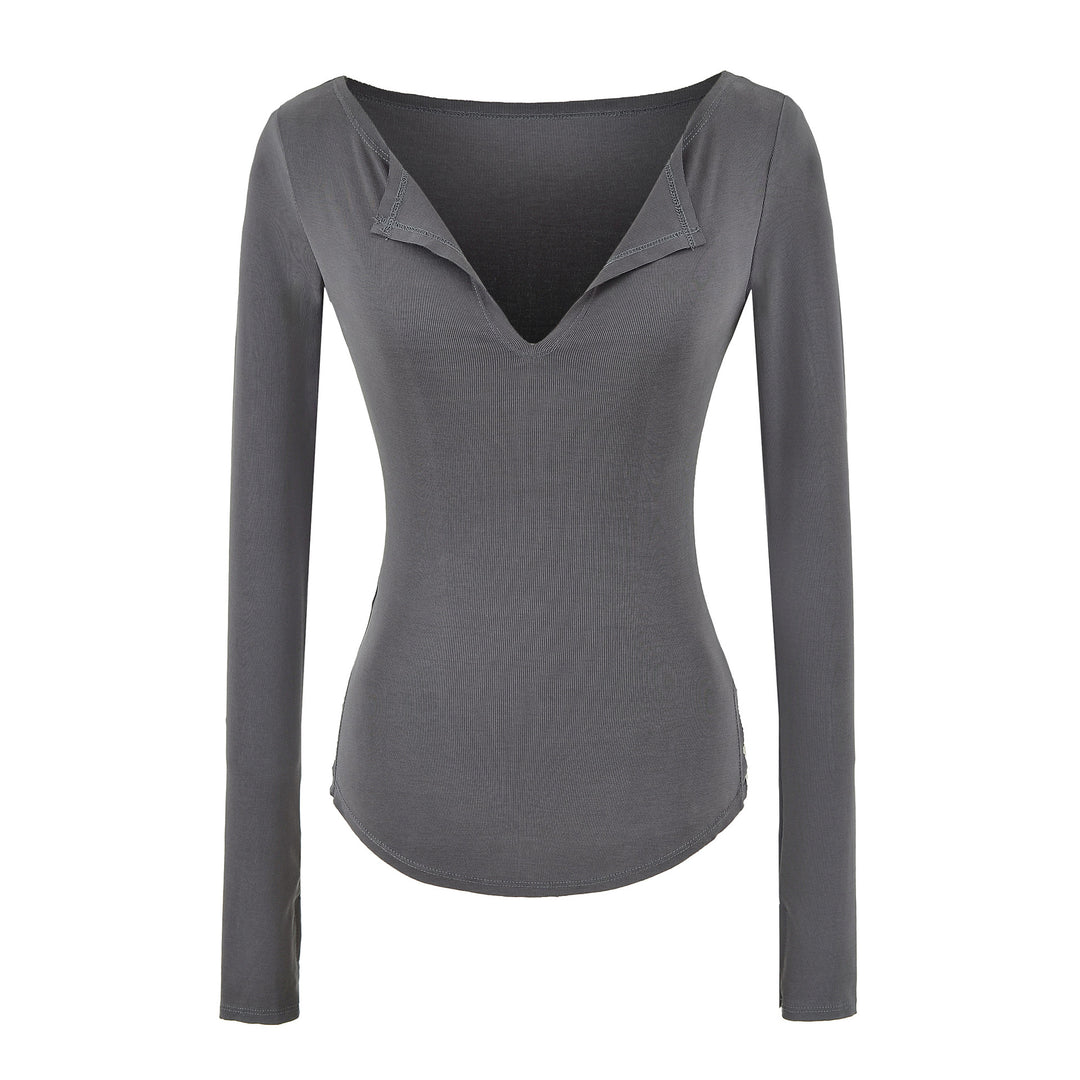 Damen Figurbetontes Rippenstrick-Longsleeve mit tiefem V‑Ausschnitt und Kragenblende Drune