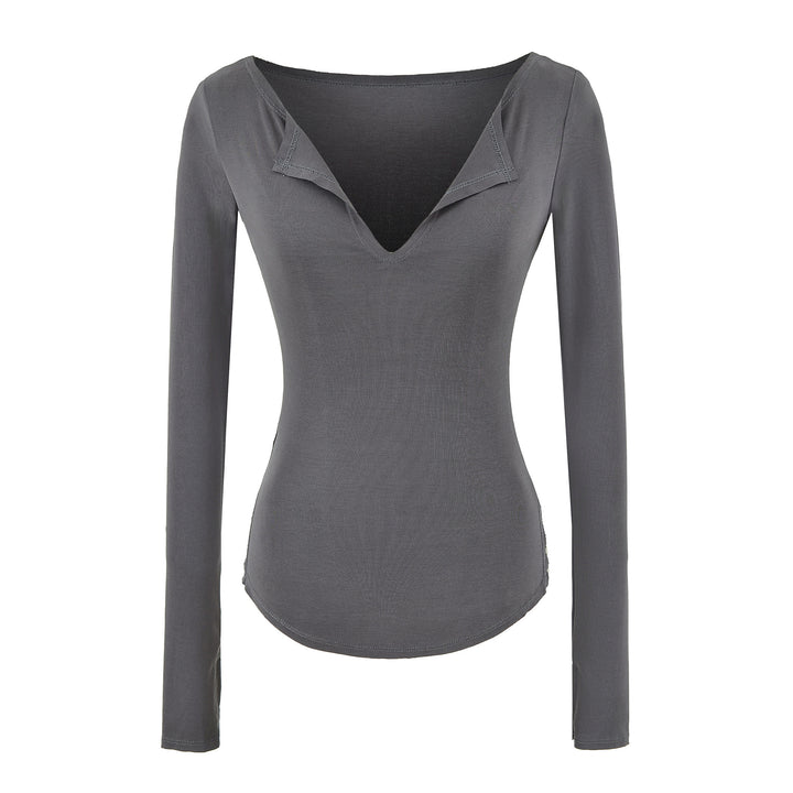 Damen Figurbetontes Rippenstrick-Longsleeve mit tiefem V‑Ausschnitt und Kragenblende Drune