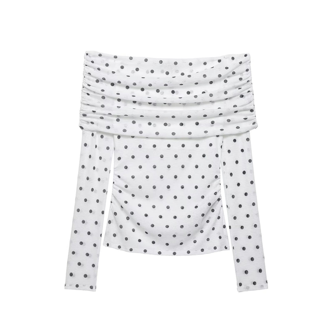 Damen Schulterfreies Langarm-Top mit Wasserfallkragen und Polka-Dot-Print Drune