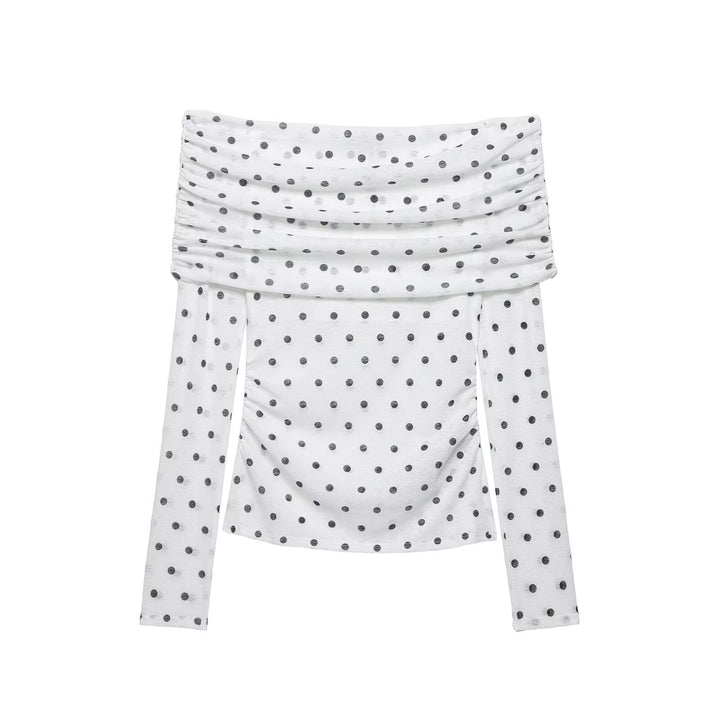 Damen Schulterfreies Langarm-Top mit Wasserfallkragen und Polka-Dot-Print Drune