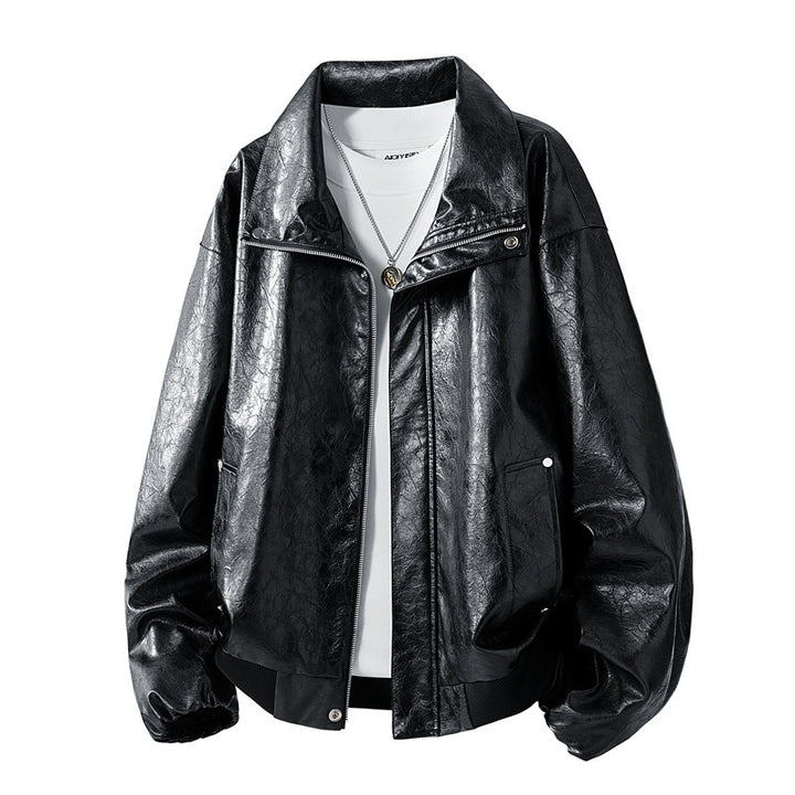 Damen Modische Kunstlederjacke mit hohen Kragen Drune