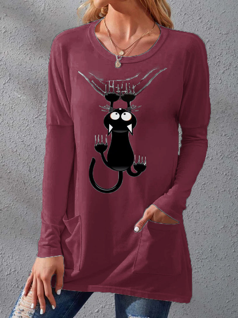 Damen Langere Baumwollmischung Tunika Shirt mit Cartoon-Katzen-Druck und Seitentaschen Drune