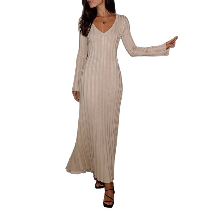 Damen Elegantes Maxikleid mit V-Ausschnitt und Rippstrick Drune