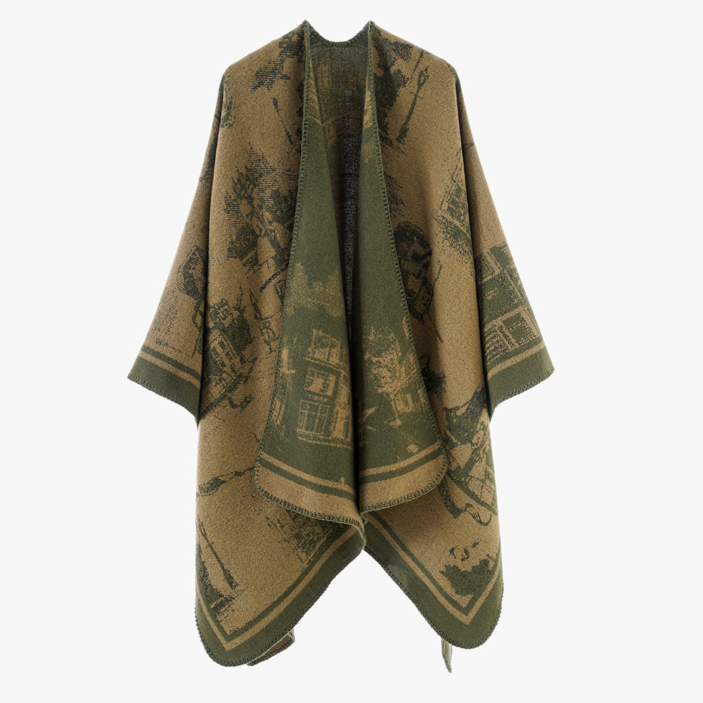 Damen Jacquard‑Capeponcho mit ikonischem Städte‑Jacquard und offenem Oversize‑Fall Drune