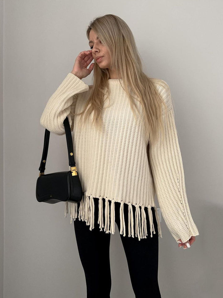 Damen Grob gestrickter Pullover mit Fransen Drune
