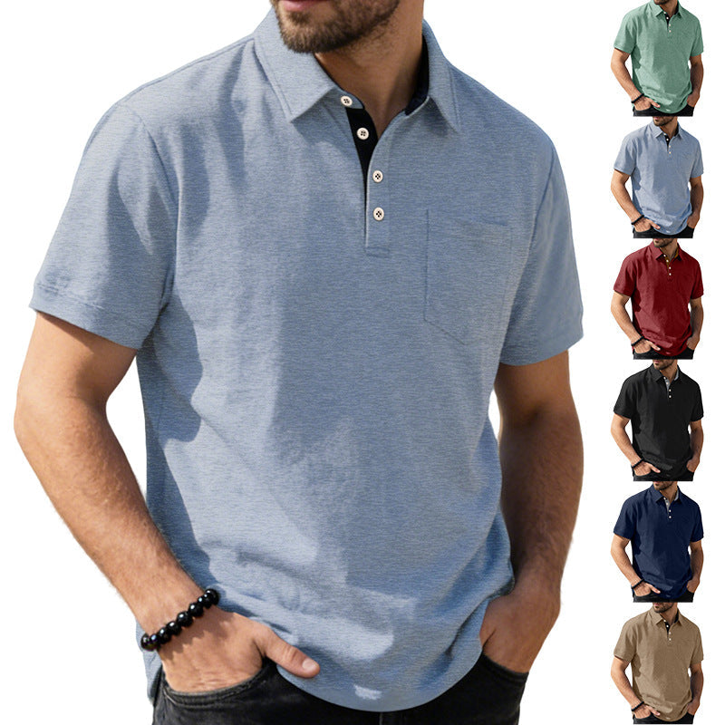 Herren nan Kurzarm-Polokragen-Shirt aus texturiertem Jersey mit Brusttasche und kontrastierter Knopfleiste Drune