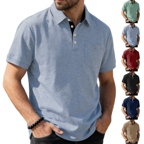 Herren nan Kurzarm-Polokragen-Shirt aus texturiertem Jersey mit Brusttasche und kontrastierter Knopfleiste Drune