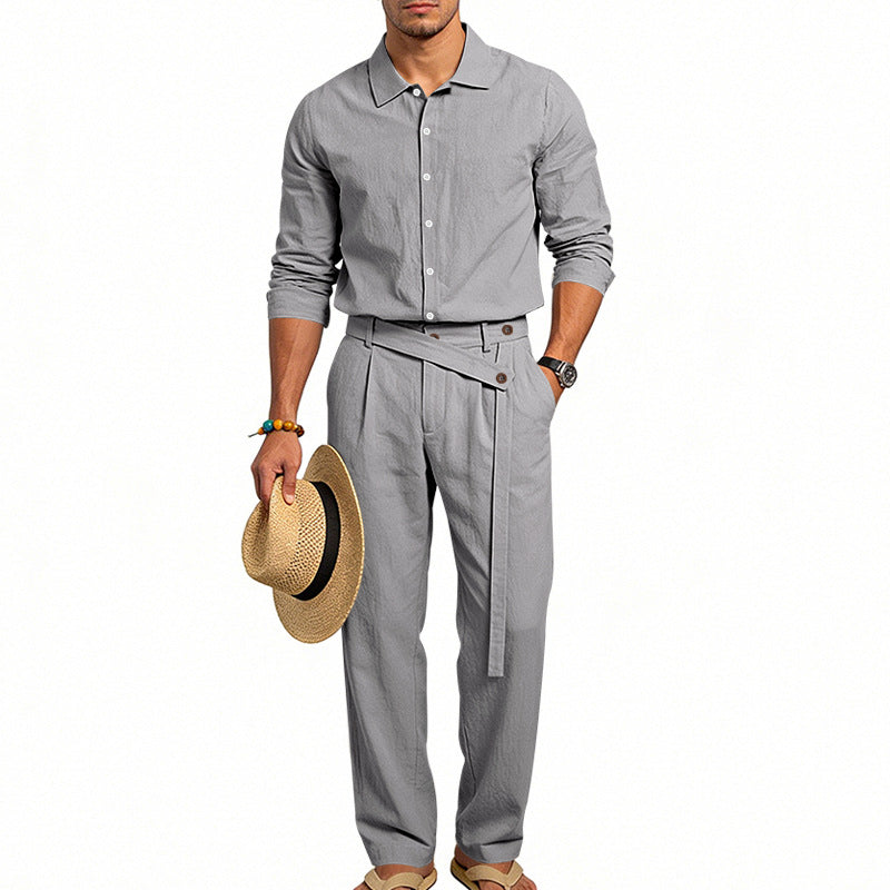 Herren nan eleganter Leinen-Zweiteiler mit Hemd und Hose mit hohem Bund und Bindegürtel Drune