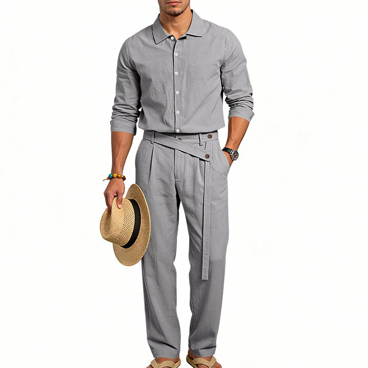 Herren nan eleganter Leinen-Zweiteiler mit Hemd und Hose mit hohem Bund und Bindegürtel Drune