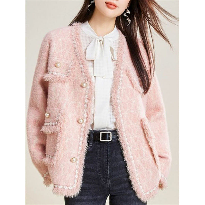 Damen Flauschige Strickjacke mit eleganten Knopfdetails und dekorativem Saum Drune