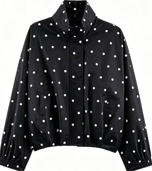 Damen Gepunktete Cropped Blousonjacke mit Stehkragen, elastischem Saum und verdeckter Knopfleiste Drune