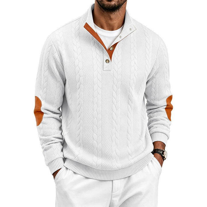 Herren Troyer-Pullover mit Zopfmuster, Ellbogen‑Patches und kontrastierter Knopfleiste Drune