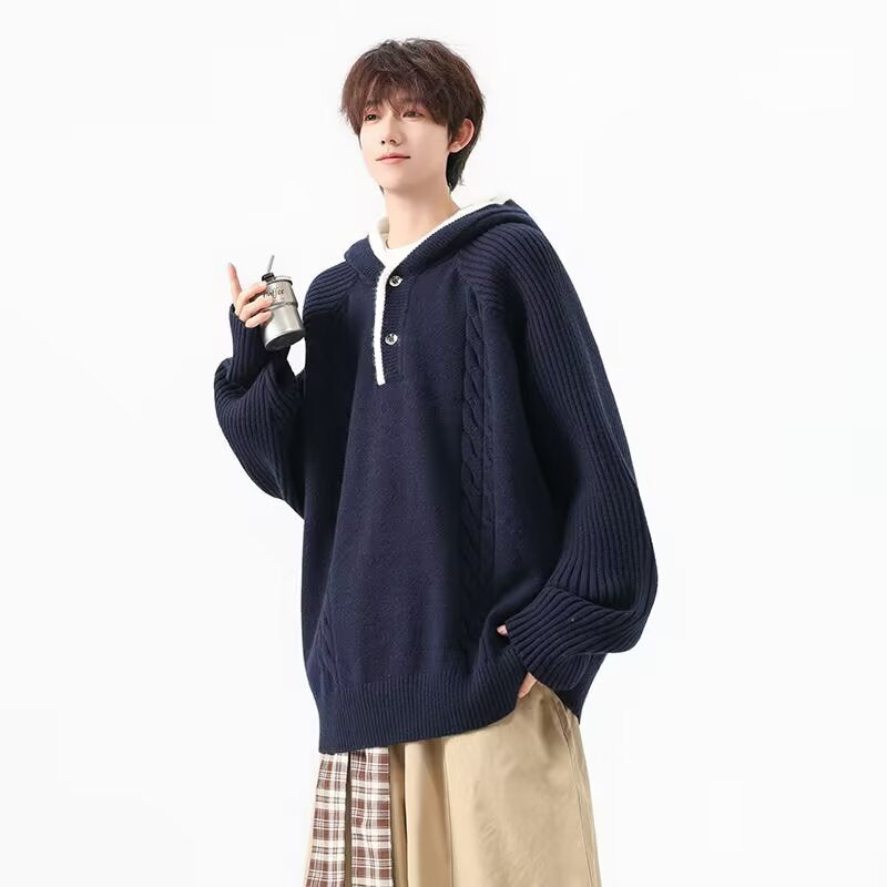 Herren Grobstrickpullover mit Kapuze und Knopfleiste Drune