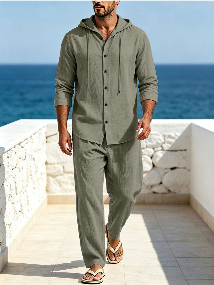 Herren Atmungsaktives Baumwoll-Gauze Loungewear-Set mit Kapuzenhemd und weiten Sommerhosen Drune