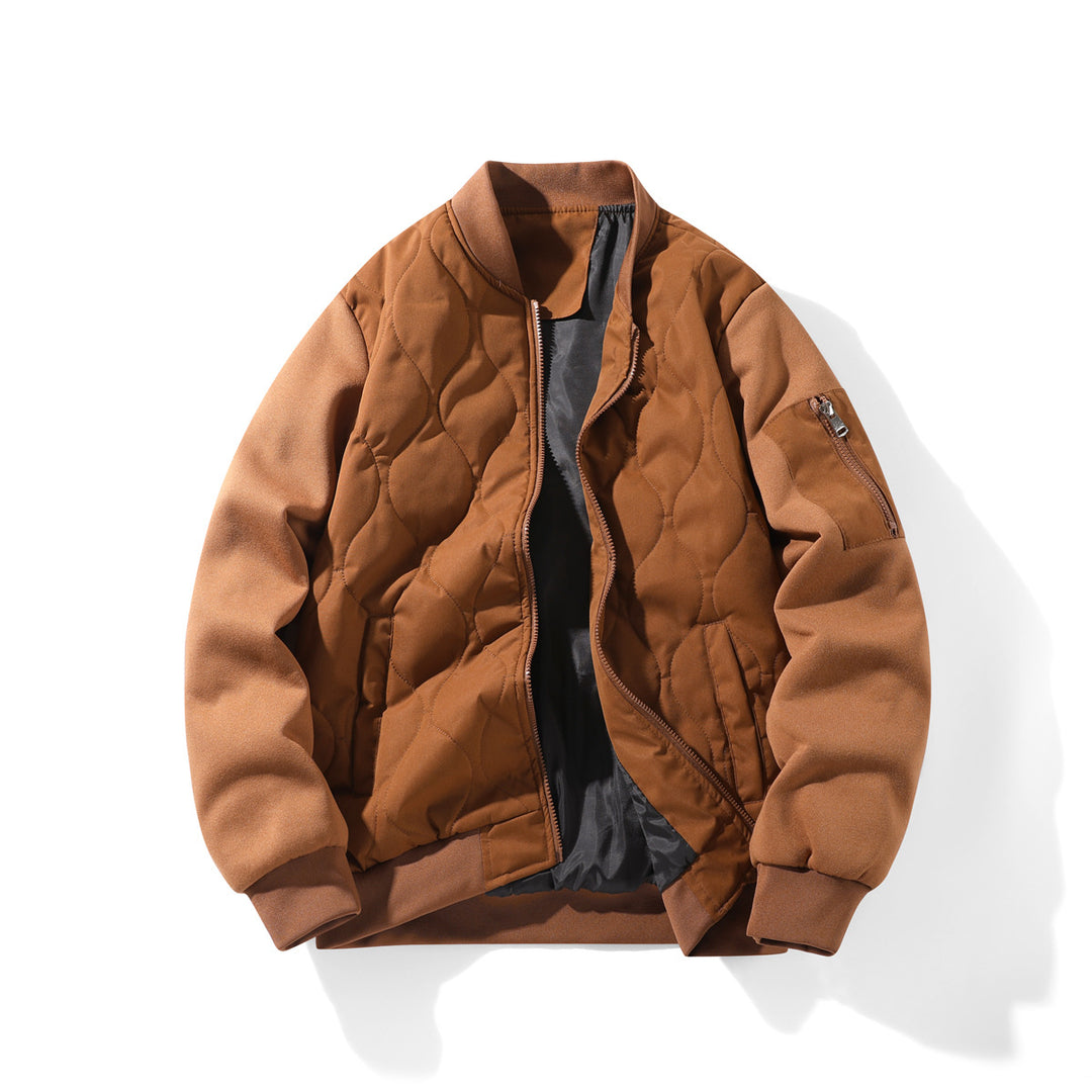Men's  Quilted Bomber Jacket with Ribbed Collar and Sleeve Zip Pocket Drune