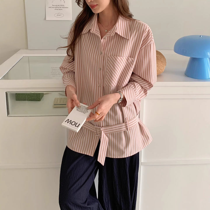 Damen Elegante gestreifte Bluse mit Gürtel Drune