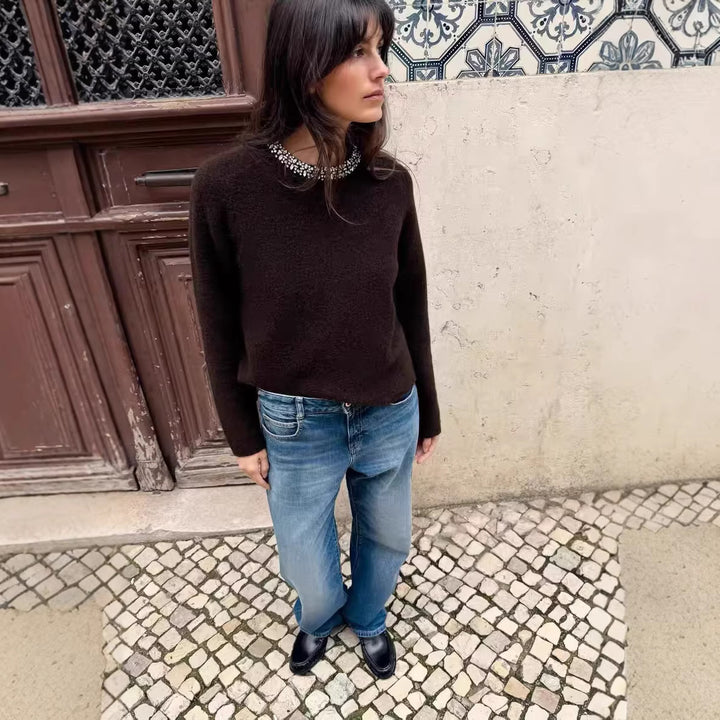 Damen Feinstrick-Pullover mit Schmuckkragen und leichtem Boxy-Cropped-Schnitt Drune