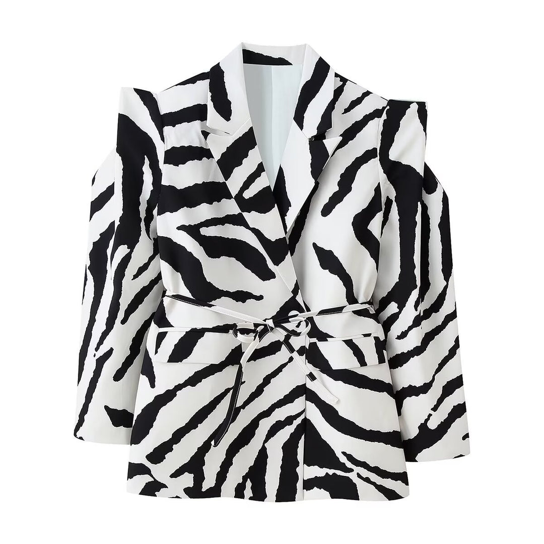 Damen Blazer mit Zebra-Print, tailliertem Bindegürtel und Cut-Out-Schultern Drune