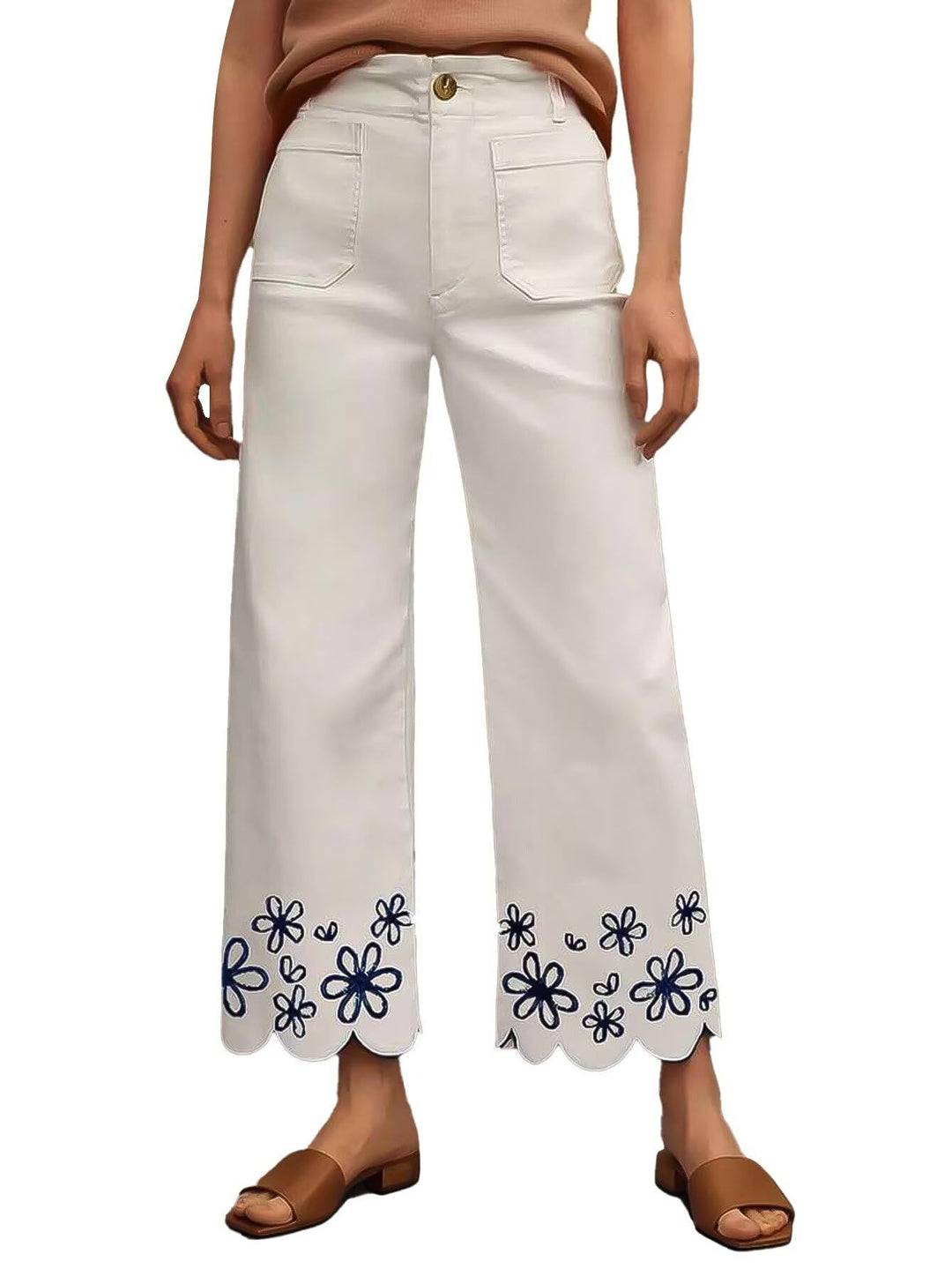 Damen Weite Culotte-Jeans mit gesticktem Blumenmuster Drune