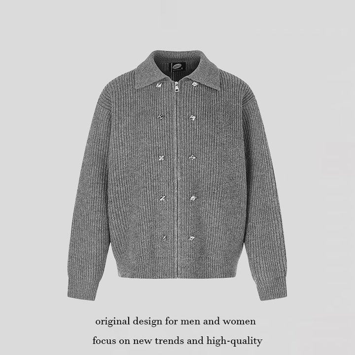 Damen Grobstrick-Zipjacke mit Hemdkragen und Zierknöpfen Drune
