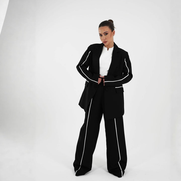 Damen eleganter Blazer-Anzug mit modischen Kontrastdetails Drune
