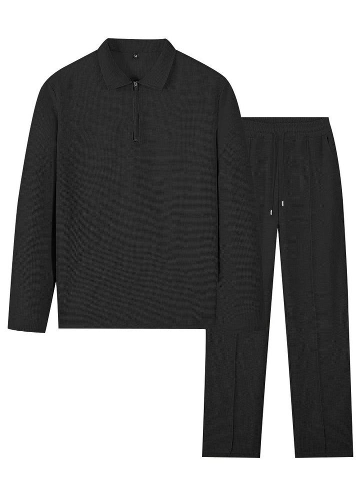 Unisex nan Waffelstruktur Freizeit-Set mit Halbzip-Poloshirt und elastischer Bundhose Drune