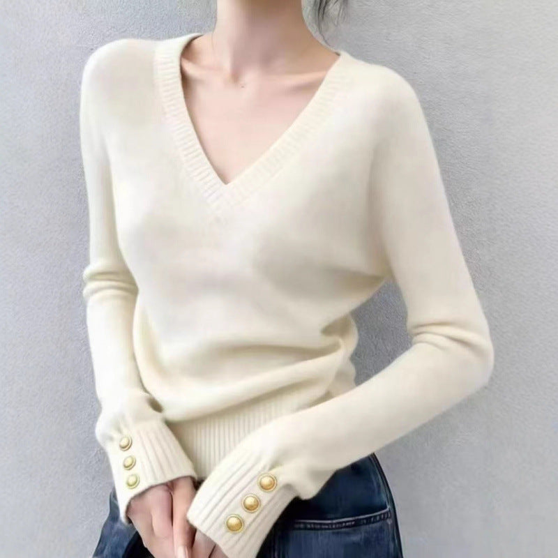 Damen feiner V-Ausschnitt Pullover mit eleganten Knopfdetails Drune